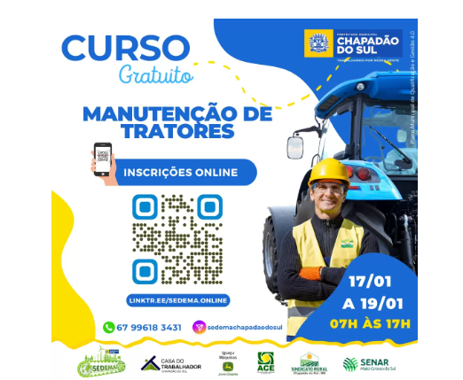 Imagem de compartilhamento para o artigo Chapadão do Sul oferece curso gratuito de Máquinas Agrícolas da MS Todo dia